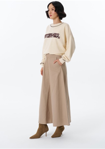 Beli Lastikli Pileli Basic Midi Etek Bej