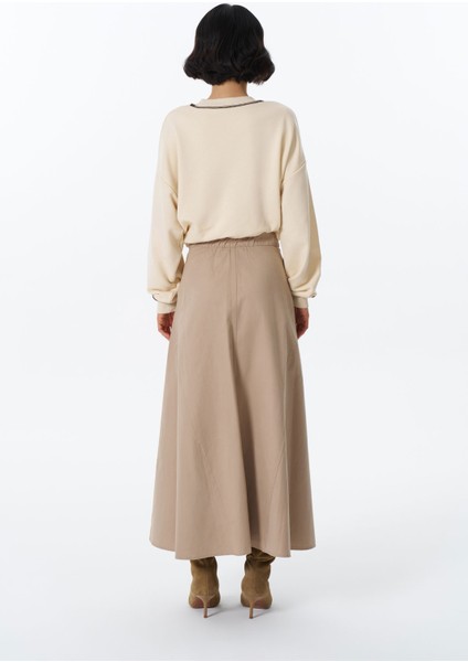 Beli Lastikli Pileli Basic Midi Etek Bej