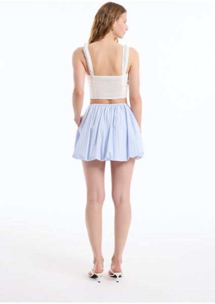 İnce Çizgili Balon Mini Etek Mavi