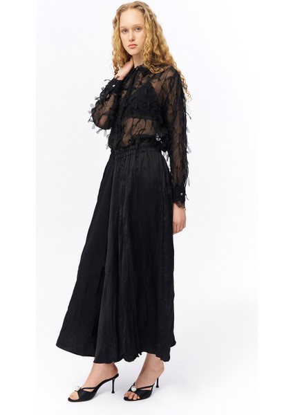 Beli Lastikli Pileli Midi Boy Etek Siyah