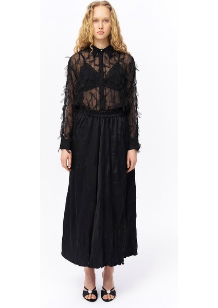 Beli Lastikli Pileli Midi Boy Etek Siyah