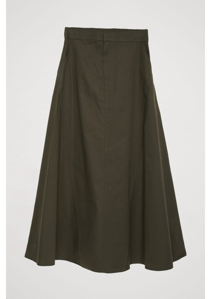 Beli Lastikli Pileli Basic Midi Etek Haki