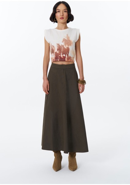 Beli Lastikli Pileli Basic Midi Etek Haki
