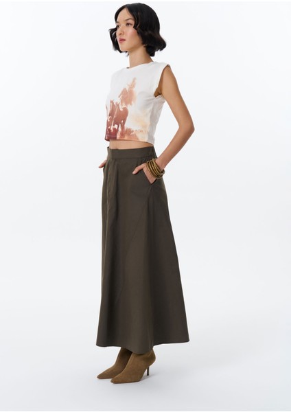 Beli Lastikli Pileli Basic Midi Etek Haki