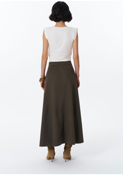 Beli Lastikli Pileli Basic Midi Etek Haki