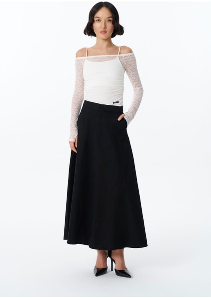 Beli Lastikli Pileli Basic Midi Etek Siyah