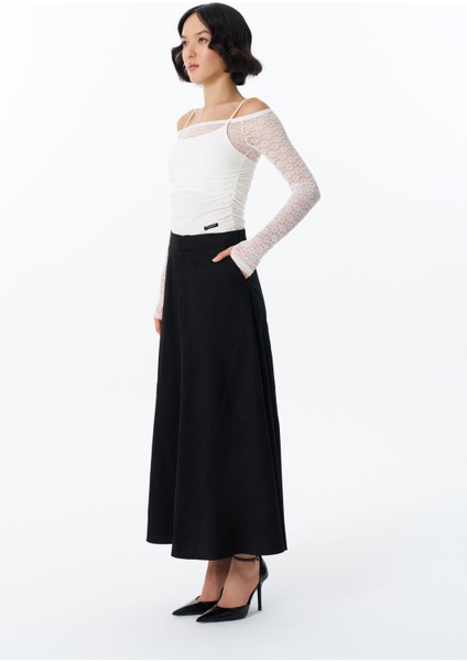 Beli Lastikli Pileli Basic Midi Etek Siyah