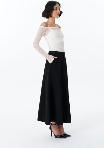 Beli Lastikli Pileli Basic Midi Etek Siyah