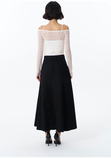 Beli Lastikli Pileli Basic Midi Etek Siyah