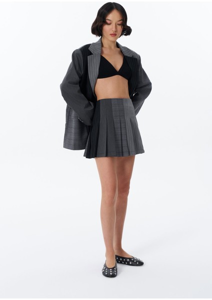 Çizgi Matchli Pileli Mini Etek Antrasit