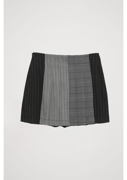 Çizgi Matchli Pileli Mini Etek Antrasit