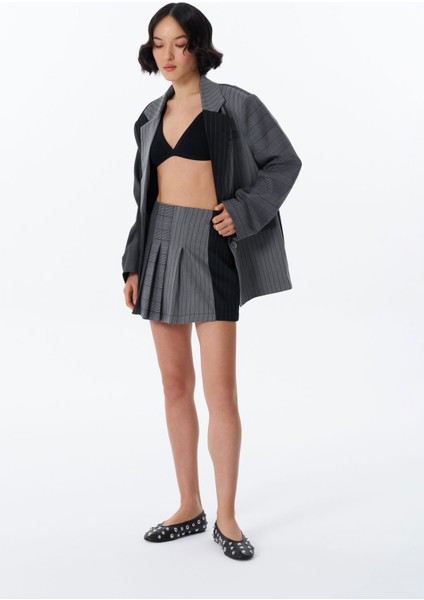 Çizgi Matchli Pileli Mini Etek Antrasit