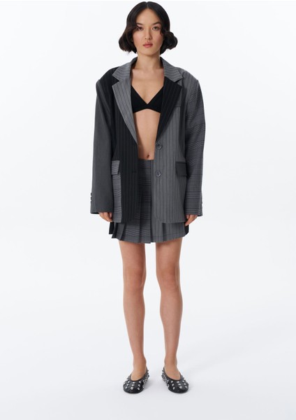 Çizgi Matchli Pileli Mini Etek Antrasit