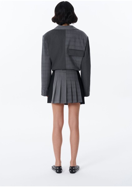 Çizgi Matchli Pileli Mini Etek Antrasit