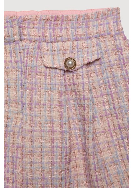 İnci Aksesuarlı Cep Kapaklı Mini Tüvit Etek Lila