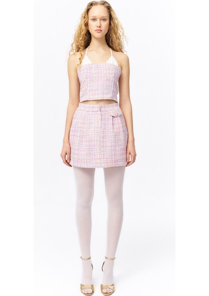 İnci Aksesuarlı Cep Kapaklı Mini Tüvit Etek Lila