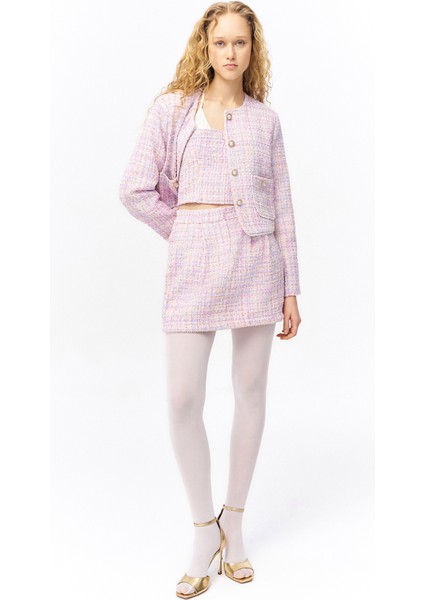 İnci Aksesuarlı Cep Kapaklı Mini Tüvit Etek Lila