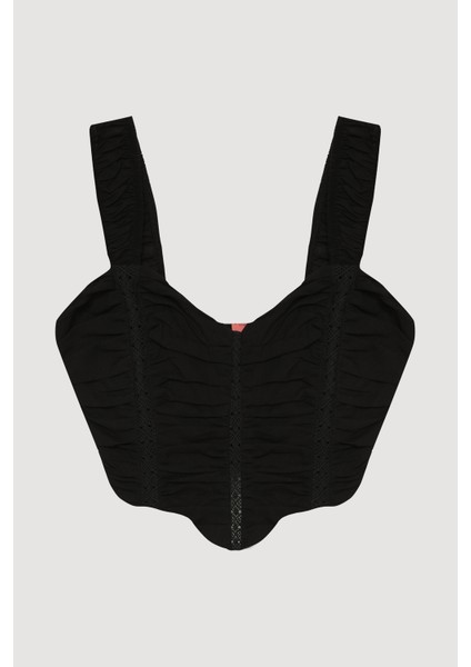 Dantel Detaylı Drapeli Crop Bluz Siyah