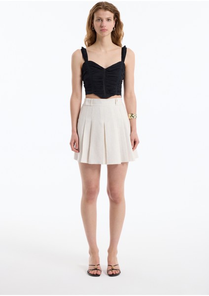 Dantel Detaylı Drapeli Crop Bluz Siyah