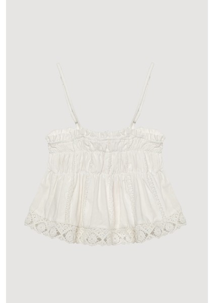 Şerit Dantelli Askılı Volanlı Bluz Ekru