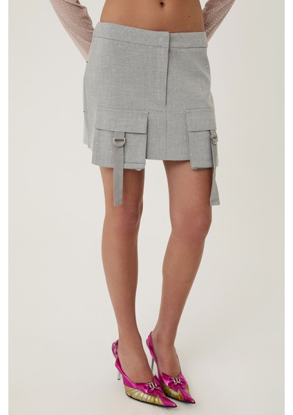 Cep Detaylı Mini Taşlı Etek Açık Gri