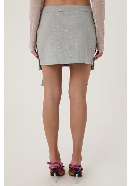 Cep Detaylı Mini Taşlı Etek Açık Gri