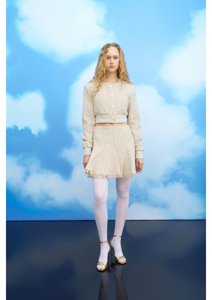 Pile Detaylı Kırçıl Mini Etek Bej