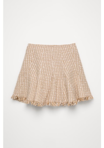 Pile Detaylı Kırçıl Mini Etek Bej