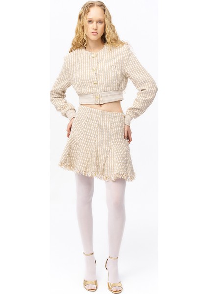 Pile Detaylı Kırçıl Mini Etek Bej