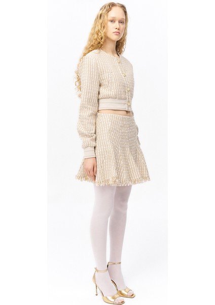 Pile Detaylı Kırçıl Mini Etek Bej
