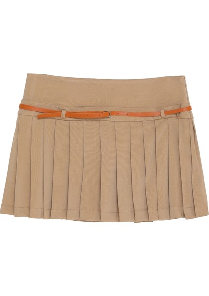 Kemer Aksesuarlı Pileli Mini Etek Koyu Bej