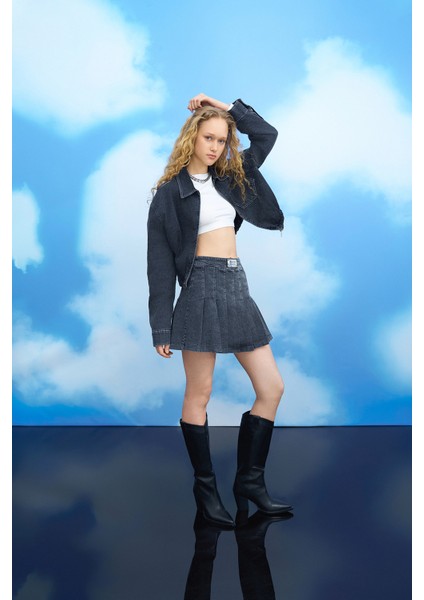 Beli Etiketli Pileli Kot Etek Antrasit