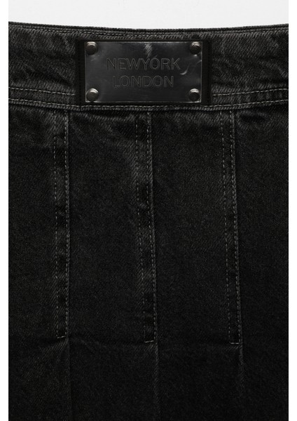 Beli Etiketli Pileli Kot Etek Antrasit