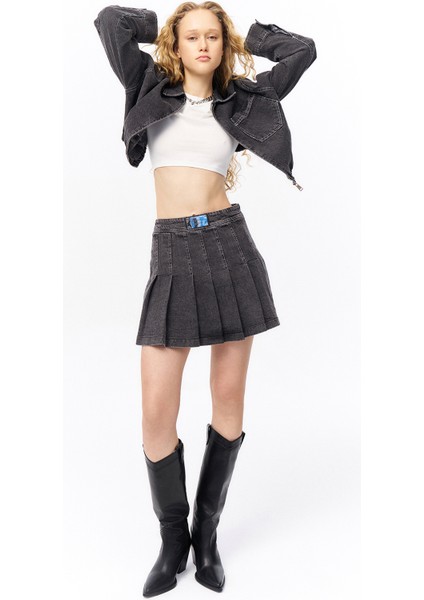 Beli Etiketli Pileli Kot Etek Antrasit