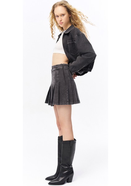 Beli Etiketli Pileli Kot Etek Antrasit