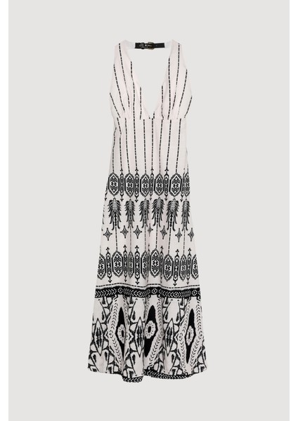 Etnik Desenli Boyun Kemer Detaylı Midi Elbise Ekru fiyatları