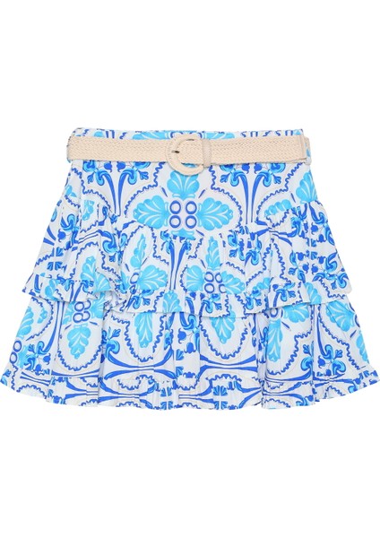 Volan Detaylı Kemerli Mini Etek Mavi