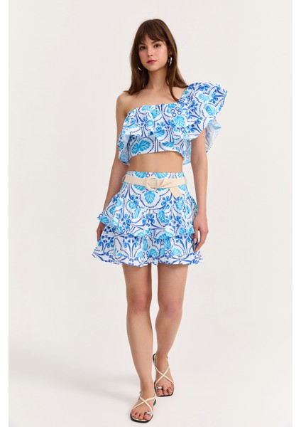 Volan Detaylı Kemerli Mini Etek Mavi