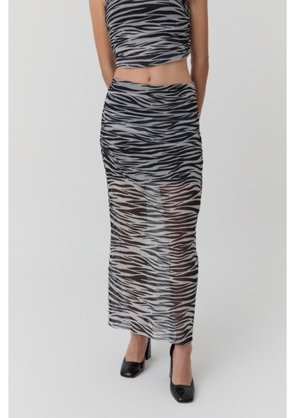 Drape Detaylı Tül Midi Etek Siyah