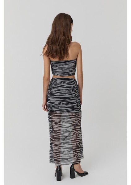 Drape Detaylı Tül Midi Etek Siyah