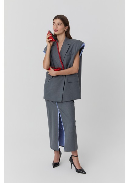 Garni Detaylı Önden Yırtmaçlı Midi Etek Gri