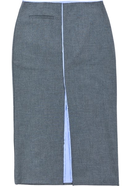 Garni Detaylı Önden Yırtmaçlı Midi Etek Gri