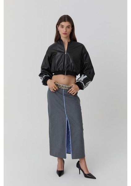 Garni Detaylı Önden Yırtmaçlı Midi Etek Gri