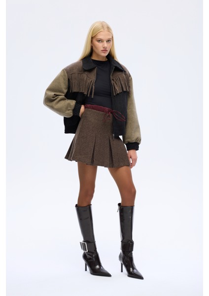 Beli Bağcıklı Pileli Mini Etek Kahverengi fiyatları