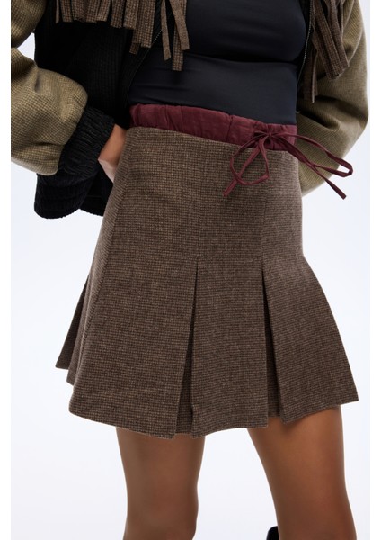 Beli Bağcıklı Pileli Mini Etek Kahverengi indirimleri