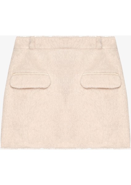 Cep Detaylı Tüylü Mini Etek Ekru modelleri