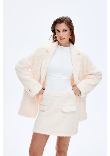 Cep Detaylı Tüylü Mini Etek Ekru fırsatları