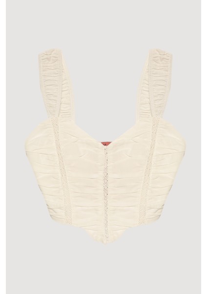 Dantel Detaylı Drapeli Crop Bluz Ekru