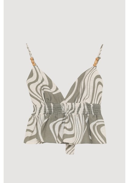 Boncuk Askılı Gipeli Crop Keten Bluz Haki