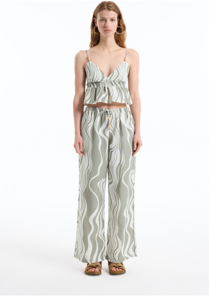 Boncuk Askılı Gipeli Crop Keten Bluz Haki